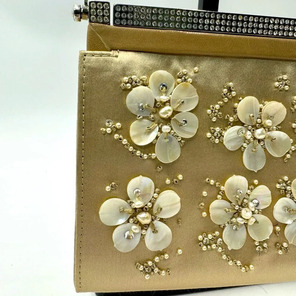 Auth Valentino Silk Floral Embroidered Crystal Framed Clutch Chain Evening Bag